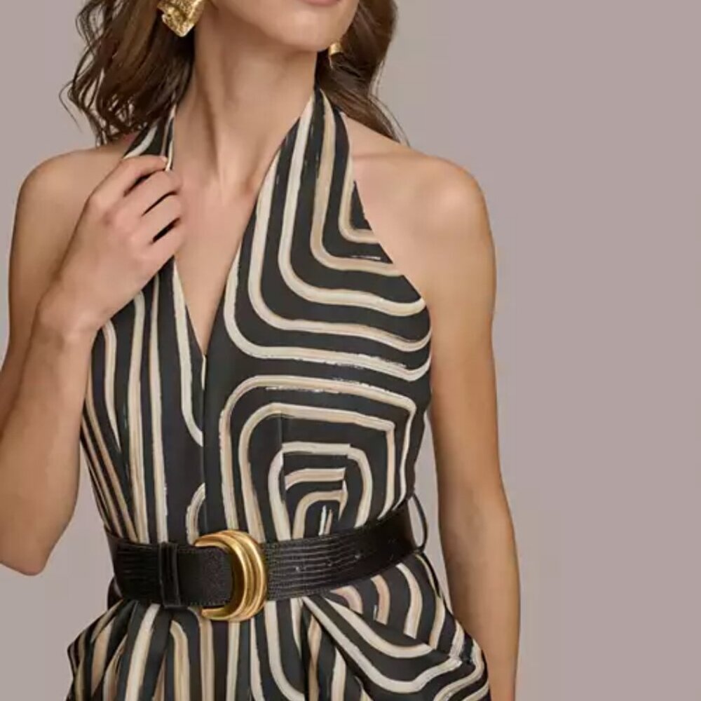 DONNA KARAN Women's Printed Belted Sleeveless Dress